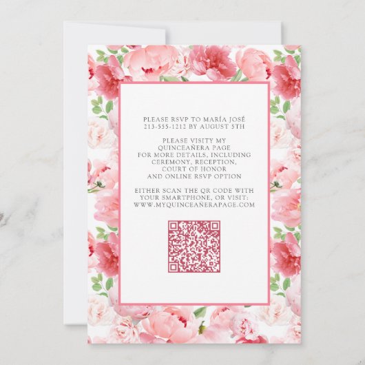 Bloemennummer 15 Roze Elegant QR Quinceañera Kaart (Achterkant)