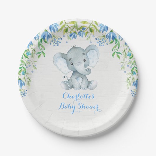 Bloemenolifant Baby Boy Shower Blue Party Bord (Voorkant)