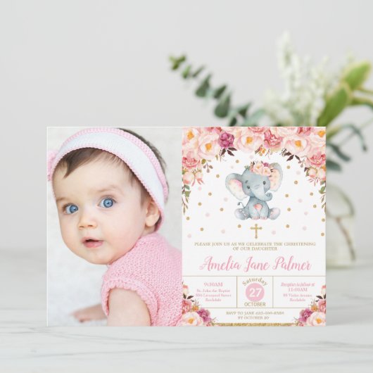 Bloemenolifant doop doop meisje foto kaart (Staand voorkant)