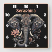 Bloemenolifant kunstwerk vierkante klok (Voorkant)