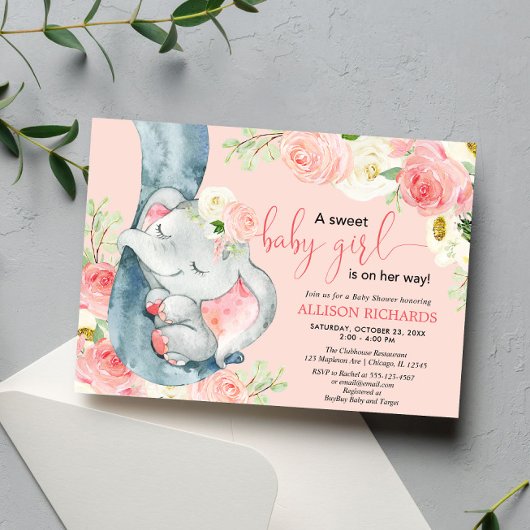Bloemenolifant zoet baby meisje blush roze crème kaart