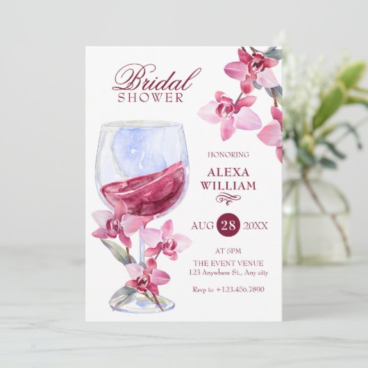 Bloemenorchidee wijn waterverf vrijgezellenfeest kaart (Staand voorkant)