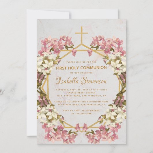 Bloemenorchideeën Marmeren Goud Eerste Heilige Com Kaart (Voorkant)