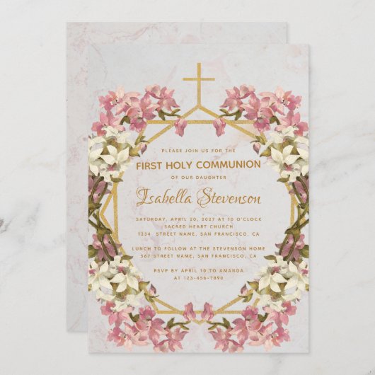 Bloemenorchideeën Marmeren Goud Eerste Heilige Com Kaart (Voorkant / Achterkant)