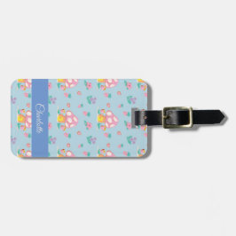 Bloemenpaddenstoelenpatroon pastelblauw bagagelabel