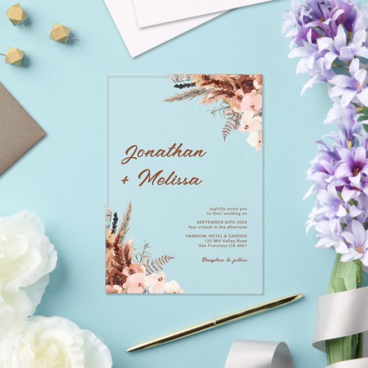 Bloemenpampas rustieke terracotta script bruiloft acryl uitnodigingen (Insitu (Huwelijk))