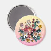 bloemenpapierquilling | Roze en gele bloemen Magneet (Voorkant / Achterkant)