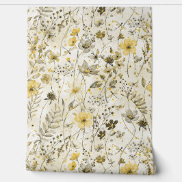 BLOEMENPARADIJS / gele khaki stemming  Behang