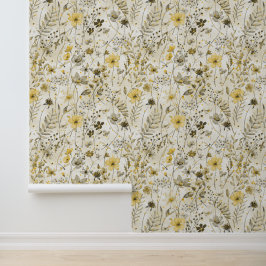BLOEMENPARADIJS / gele khaki stemming Behang