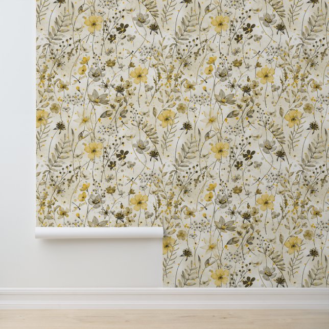 BLOEMENPARADIJS / gele khaki stemming  Behang (Applicatie)