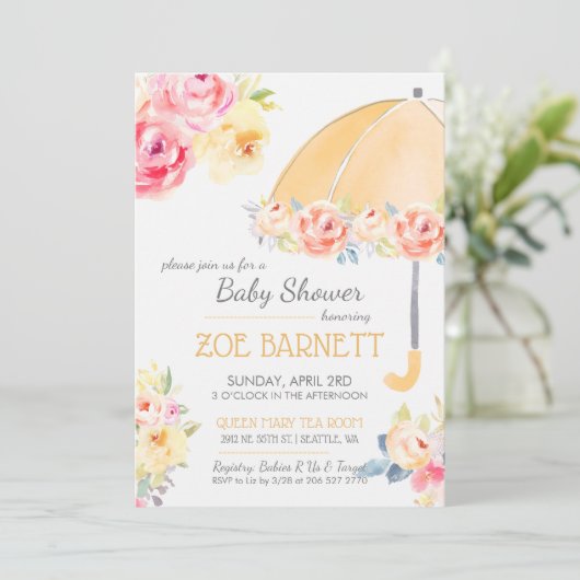 Bloemenparaplu Baby shower Personaliseer RSVP Kaart (Staand voorkant)