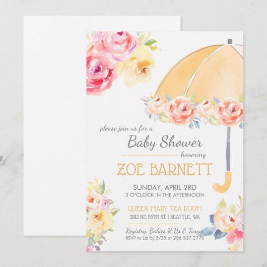 Bloemenparaplu Baby shower Personaliseer RSVP Kaart (Voorkant / Achterkant)