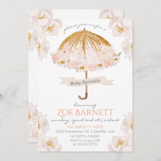 Bloemenparaplu Glitter Baby Sprinkle Invitation Kaart (Voorkant / Achterkant)