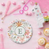 Bloemenpastel Papieren Bord met Initiaal (Feest)