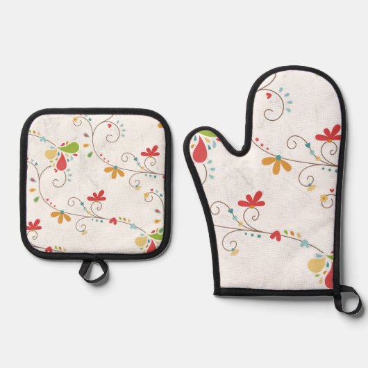 Bloemenpatroon Aangepaste Achtergrond  Ovenwant & Pannenlap Set (Voorkant)