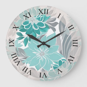 Bloemenpatroon, Aqua, Blauwgroen, Turquoise en Gri Grote Klok