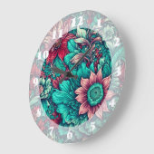 Bloemenpatroon, Aqua, Blauwgroen, Turquoise en Gri Grote Klok (Hoek)