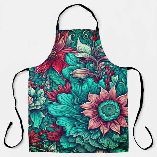 Bloemenpatroon, Aqua, Blauwgroen, Turquoise en Gri Schort (Voorkant)