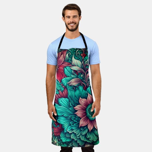 Bloemenpatroon, Aqua, Blauwgroen, Turquoise en Gri Schort (Gedragen)