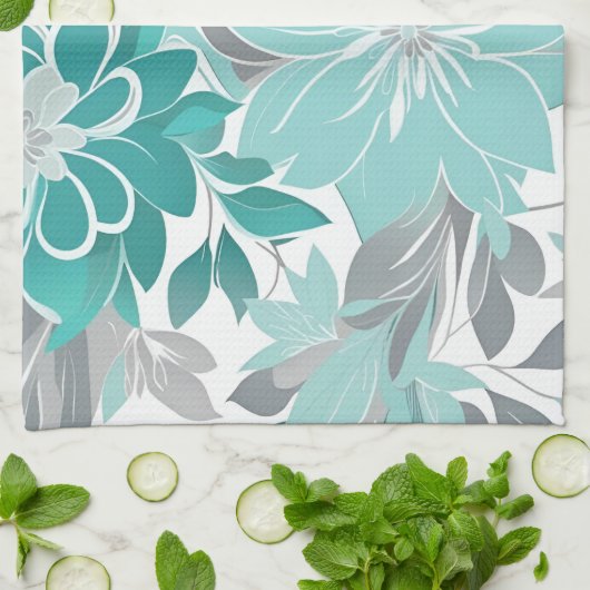 Bloemenpatroon, Aqua, Blauwgroen, Turquoise en Gri Theedoek (Gevouwen)
