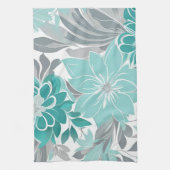 Bloemenpatroon, Aqua, Blauwgroen, Turquoise en Gri Theedoek (Verticaal)