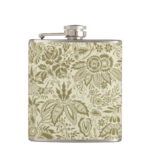 Bloemenpatroon Groene salie Antiek Damask Heupfles (Voorkant)