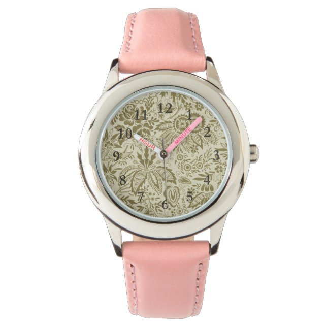 Bloemenpatroon Groene salie Antiek Damask Horloge (Voorkant)