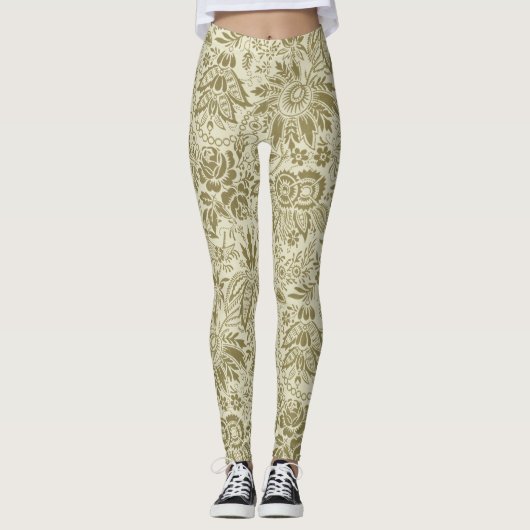 Bloemenpatroon Groene salie Antiek Damask Leggings (Voorkant)