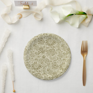 Bloemenpatroon Groene salie Antiek Damask Papieren Bordje