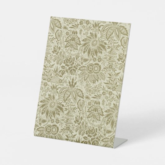 Bloemenpatroon Groene salie Antiek Damask Reclamebord Met Voetstuk (Voorkant)