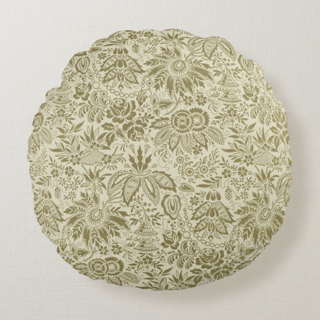 Bloemenpatroon Groene salie Antiek Damask Rond Kussen (Voorkant)