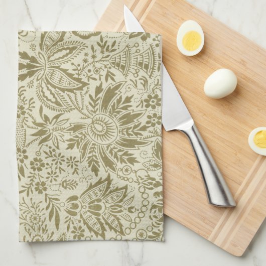 Bloemenpatroon Groene salie Antiek Damask Theedoek (Quarter Fold)