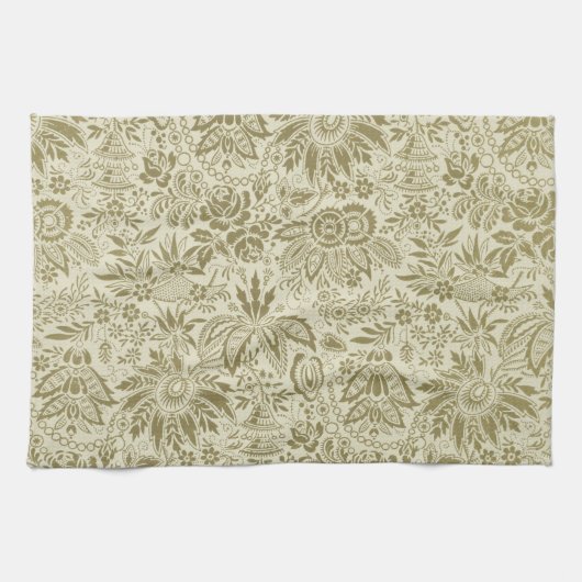 Bloemenpatroon Groene salie Antiek Damask Theedoek (Horizontaal)