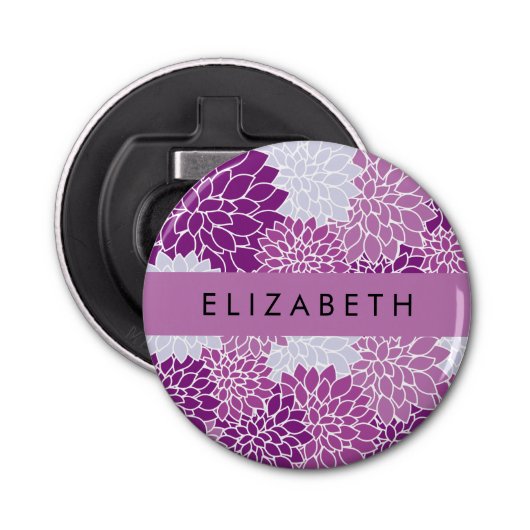 Bloemenpatroon, Paarse dahlia, Jouw naam Button Flesopener (Voorkant)