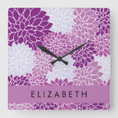 Bloemenpatroon, Paarse dahlia, Jouw naam Vierkante Klok (Voorkant)