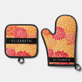 Bloemenpatroon, Sinaasappel Dahlia, Jouw naam Ovenwant & Pannenlap Set (Voorkant)
