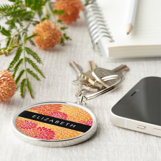Bloemenpatroon, Sinaasappel Dahlia, Jouw naam Sleutelhanger (Zijkant)