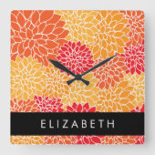 Bloemenpatroon, Sinaasappel Dahlia, Jouw naam Vierkante Klok (Voorkant)
