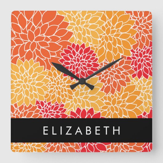 Bloemenpatroon, Sinaasappel Dahlia, Jouw naam Vierkante Klok (Voorkant)