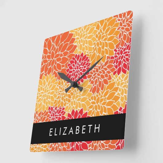 Bloemenpatroon, Sinaasappel Dahlia, Jouw naam Vierkante Klok (Hoek)
