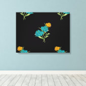 Bloemenpatroon Turkoois Koraal Groen op Zwart Canvas Afdruk (Insitu (Houten vloer))