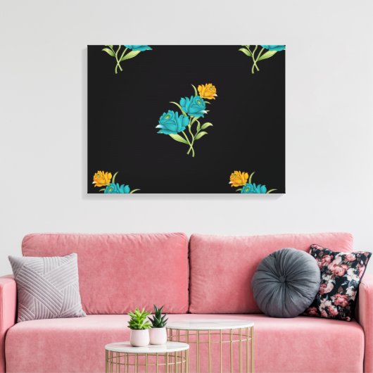 Bloemenpatroon Turkoois Koraal Groen op Zwart Canvas Afdruk (Insitu (Woonkamer))