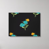 Bloemenpatroon Turkoois Koraal Groen op Zwart Canvas Afdruk (Voorkant)