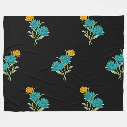 Bloemenpatroon Turkoois Koraal Groen op Zwart Fleece Deken (Voorkant (Horizontaal))