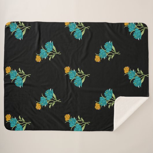 Bloemenpatroon Turkoois Koraal Groen op Zwart Sherpa Deken (Voorkant (horizontaal))