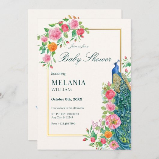 Bloemenpauw baby shower uitnodiging (Voorkant / Achterkant)
