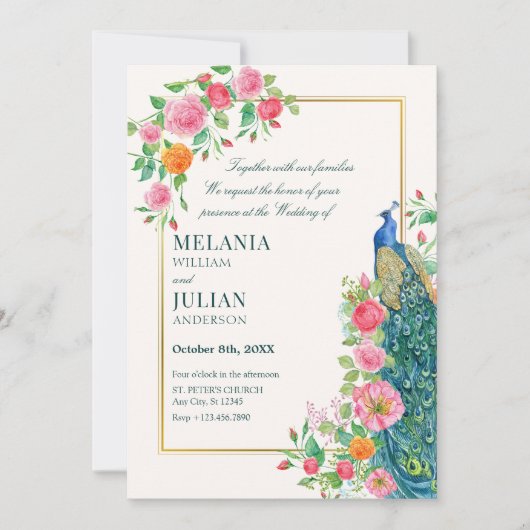 Bloemenpauw bruiloft Uitnodiging (Voorkant)
