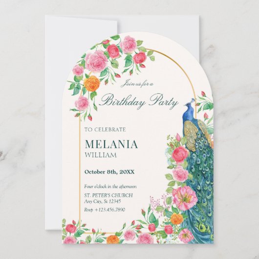 Bloemenpauw verjaardag kaart (Voorkant)