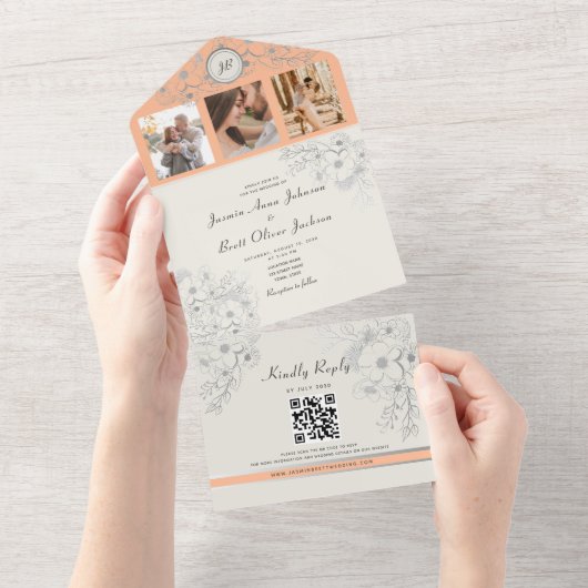 Bloemenperzik Fotobruiloft All In One Uitnodiging (Afscheurbaar)