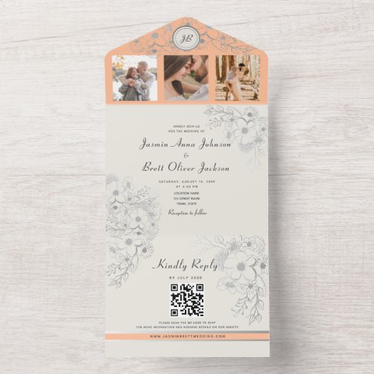 Bloemenperzik Fotobruiloft All In One Uitnodiging (Binnen)
